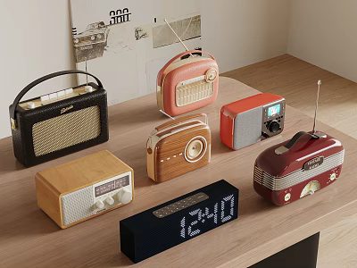 Vintage Radios And Digital Clock Collection On Wooden Table 3d model