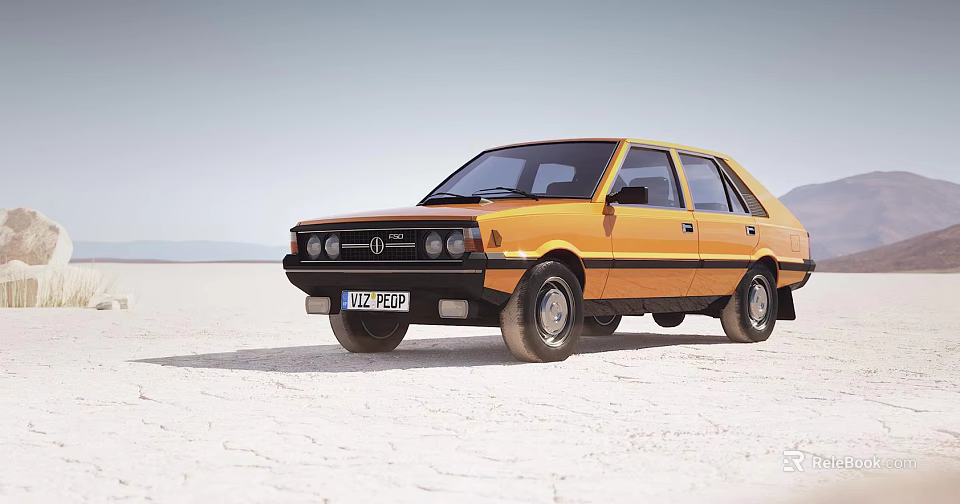 Yellow Vintage Car Parked On Salt Flat With Mountain Range And Clear Sky 3d model 