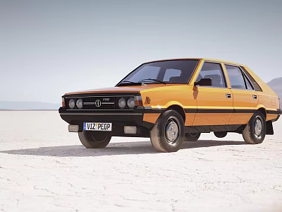 Yellow Vintage Car Parked On Salt Flat With Mountain Range And Clear Sky 3d model