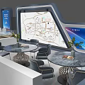 Modern Exhibition Booth With Digital Screens Map Display And Reception Desk 3d model
