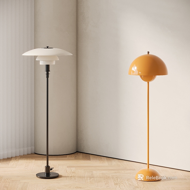 Modern White and Orange Floor Lamps in Minimalist Interior with Light Wall and Wooden Floor 3d model 