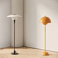 Modern White and Orange Floor Lamps in Minimalist Interior with Light Wall and Wooden Floor