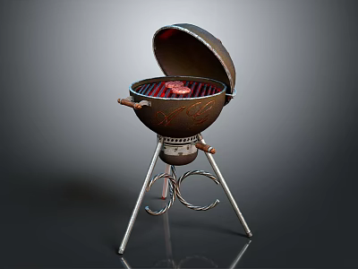 Outdoor BBQ Grill With Open Lid And Grilling Meat On Metal Stand 3d model
