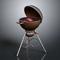 Outdoor BBQ Grill With Open Lid And Grilling Meat On Metal Stand