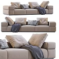 Beige Sectional Sofa with Multiple Soft Pillows Patterned Cushion and Gray Throw Blanket 3d model