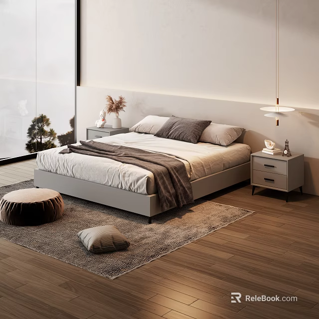 Minimalist Modern Double Bed with White Gray Pillows Brown Blanket Nightstands Lamps and Area Rug 3d model 