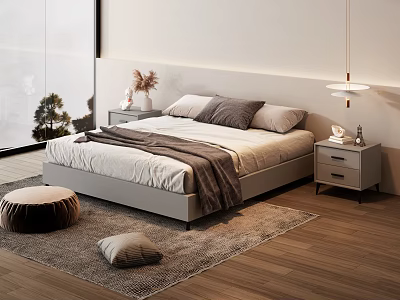 Minimalist Modern Double Bed with White Gray Pillows Brown Blanket Nightstands Lamps and Area Rug 3d model