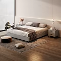 Minimalist Modern Double Bed with White Gray Pillows Brown Blanket Nightstands Lamps and Area Rug
