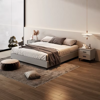 Minimalist Modern Double Bed with White Gray Pillows Brown Blanket Nightstands Lamps and Area Rug 3d model