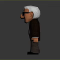 Cartoon Elderly Man Sculpture with White Hair Black Framed Glasses Brown Coat and Serious Expression
