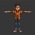 Cartoon Boy Character In Plaid Shirt Ripped Jeans And Red Sneakers With Arms Outstretched