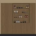 Modern Wooden Storage Cabinet With Multiple Shelves And Kitchen Items