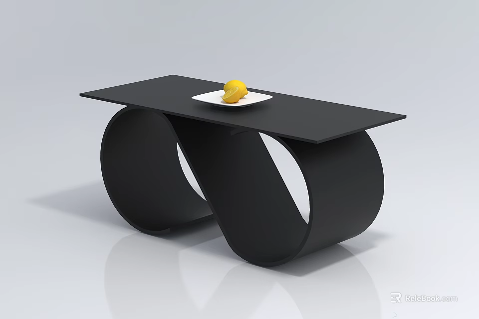 Black Coffee Table With Rectangular Top And Loop Shaped Legs Featuring White Tray And Lemon 3d model