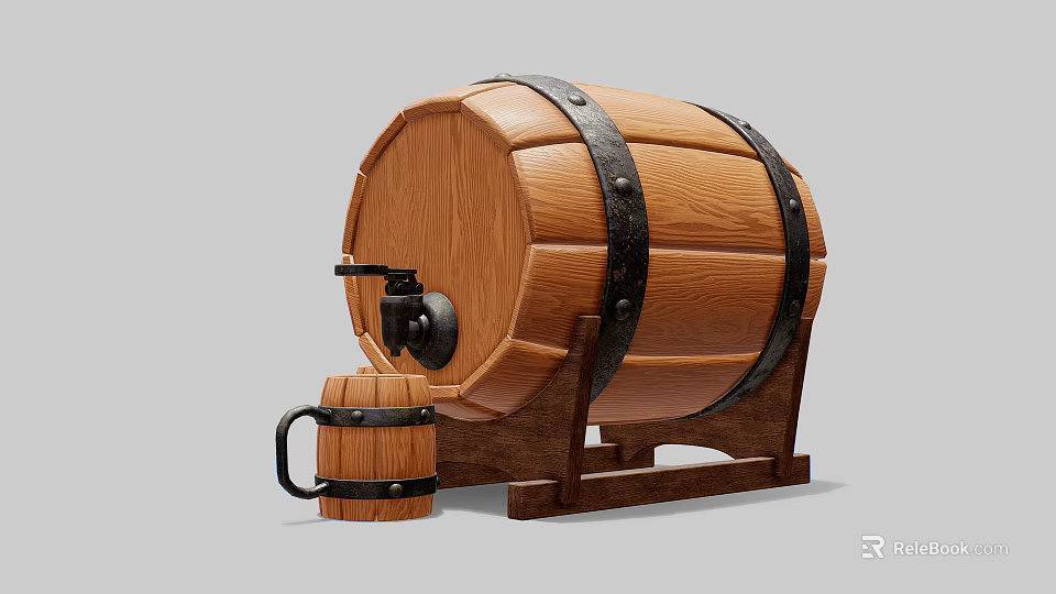 Industrial Wooden Barrel Storage Equipment with Metal Hoops Stand and Small Cask Tap 3d model 