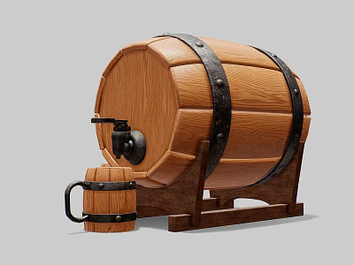 Industrial Wooden Barrel Storage Equipment with Metal Hoops Stand and Small Cask Tap 3d model