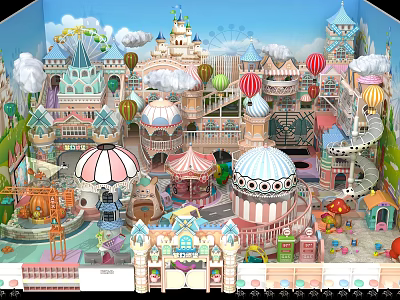 Vibrant Amusement Park With Colorful Buildings Hot Air Balloons And Carousel Rides 3d model