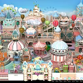 Vibrant Amusement Park With Colorful Buildings Hot Air Balloons And Carousel Rides