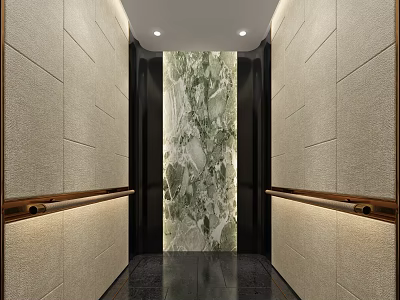 Elegant Modern Elevator Interior Design With Marble Wall And Wooden Handrail 3d model