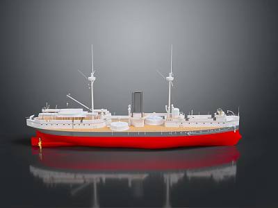 Water Vessel Model Featuring Red Hull White Superstructure and Masts on Deck 3d model