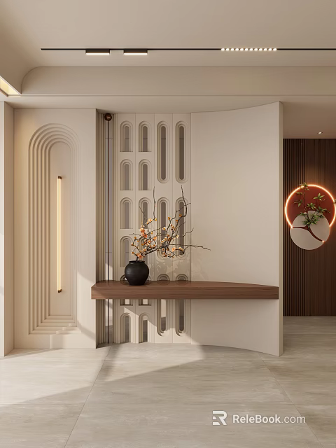 Modern Entryway Hallway With Arched Wall Perforated Partition Wooden Console Table And Circular Wall Lamp 3d model 