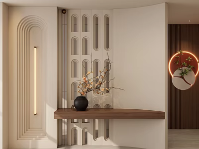 Modern Entryway Hallway With Arched Wall Perforated Partition Wooden Console Table And Circular Wall Lamp 3d model