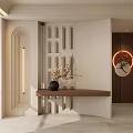 Modern Entryway Hallway With Arched Wall Perforated Partition Wooden Console Table And Circular Wall Lamp