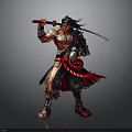 Muscular Warrior Man Holding Sword In Ornate Red Black Clothing Standing Pose