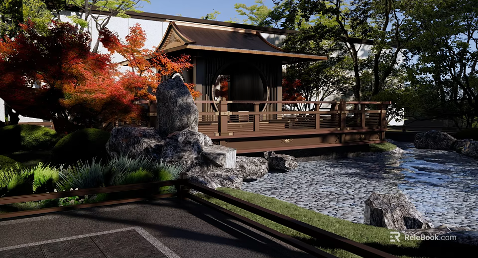 Natural Rockery Stones In Japanese Garden With Red Maple Trees Wooden Deck And Pond 3d model 