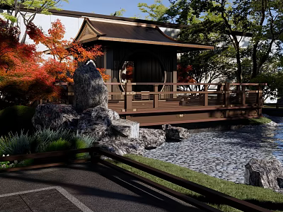 Natural Rockery Stones In Japanese Garden With Red Maple Trees Wooden Deck And Pond 3d model