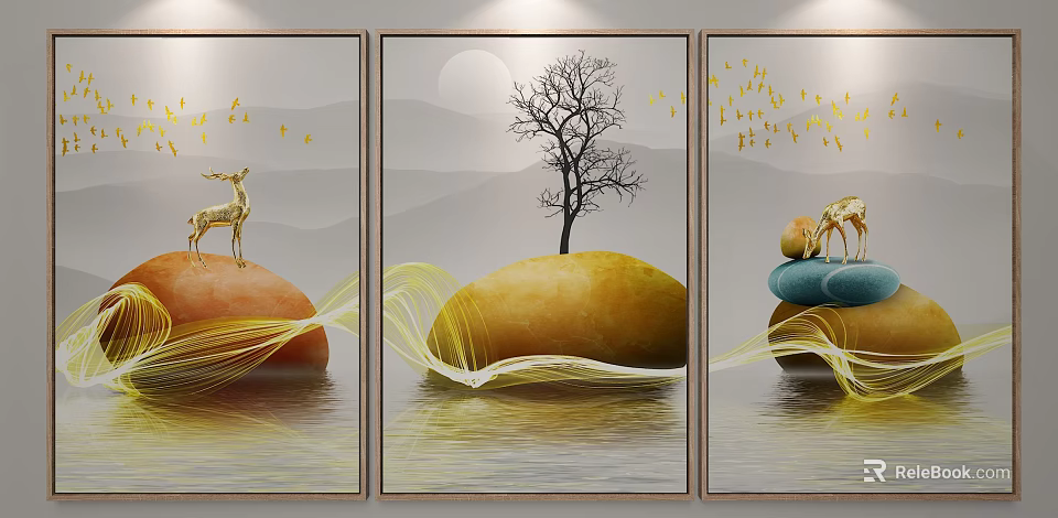 Three Panel Decorative Painting With Golden Deer Stones Flying Birds And Tree 3d model 