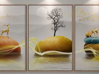 Three Panel Decorative Painting With Golden Deer Stones Flying Birds And Tree 3d model