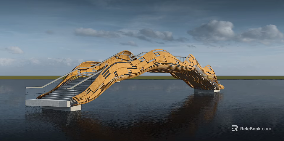 Modern Yellow Curved Landscape Bridge With Water Surface Reflection And Steps 3d model 