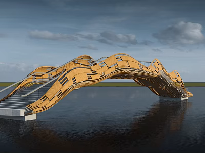 Modern Yellow Curved Landscape Bridge With Water Surface Reflection And Steps 3d model