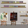Art Supplies Display With Easels Paintings Paint Cans Palettes And Brushes On Shelves Table