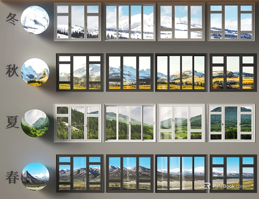 Seasonal Scenery Views Through Windows Featuring Snowy Mountains Golden Fields Green Forests And Spring Landscapes 3d model 