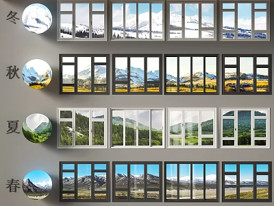 Seasonal Scenery Views Through Windows Featuring Snowy Mountains Golden Fields Green Forests And Spring Landscapes 3d model