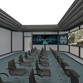 Modern Conference Room With Arranged Chairs Large Screens And Skylight Ceiling