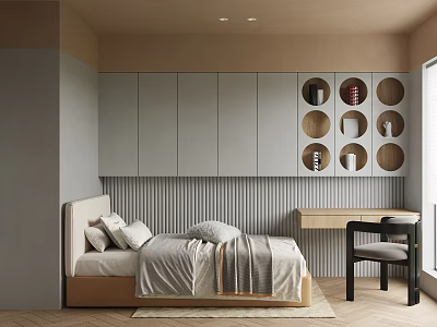 Modern Kids Room Interior With Bed Gray Cabinets Circular Shelves And Wooden Desk Chair 3d model