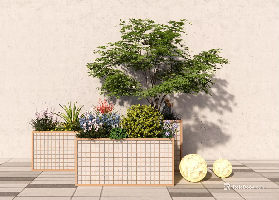 Modern Grid Design Flower Pots with Green Plants and Flowers Against Light Colored Wall 3d model 