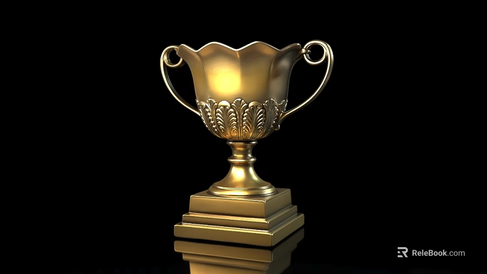 Gold Trophy With Decorative Patterns Double Handles Square Base And Reflection On Black Background 3d model 