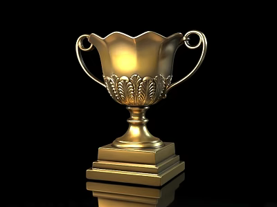 Gold Trophy With Decorative Patterns Double Handles Square Base And Reflection On Black Background 3d model