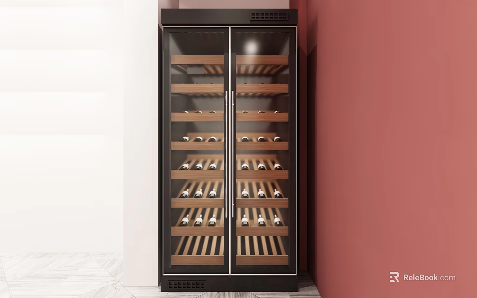 Sleek Black Frame Wine Cooler with Glass Door and Wooden Shelves for Wine Storage 3d model 