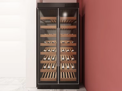 Sleek Black Frame Wine Cooler with Glass Door and Wooden Shelves for Wine Storage 3d model