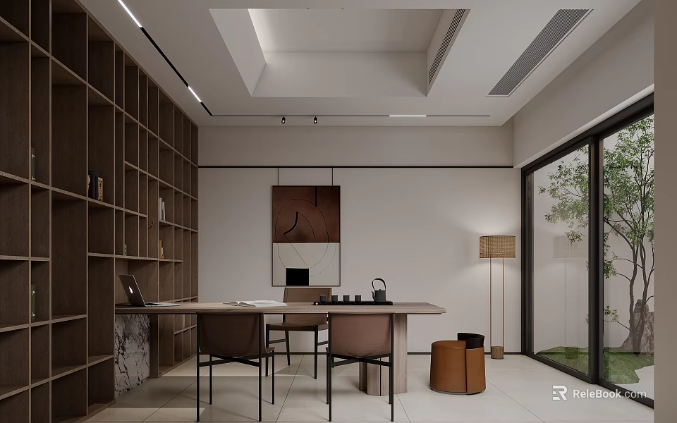 Modern Study Room With Built In Shelves And Large Windows 3d model