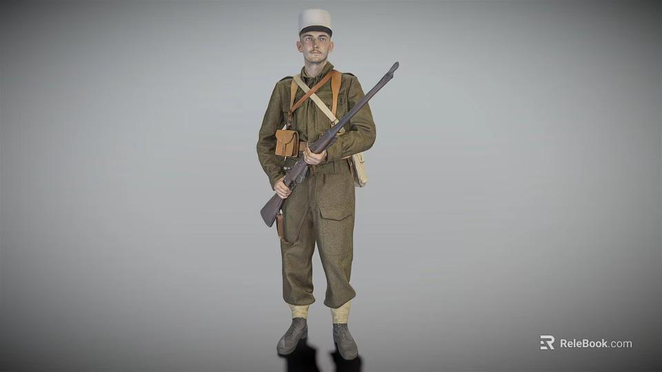 Green Uniformed Military Soldier Standing With Rifle Hat And Field Equipment 3d model 