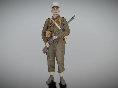 Green Uniformed Military Soldier Standing With Rifle Hat And Field Equipment 3d model
