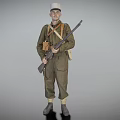 Green Uniformed Military Soldier Standing With Rifle Hat And Field Equipment