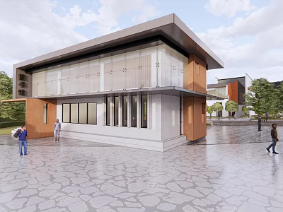 Modern Building Exterior Design With Large Glass Windows Wooden Accents And Flat Roof 3d model