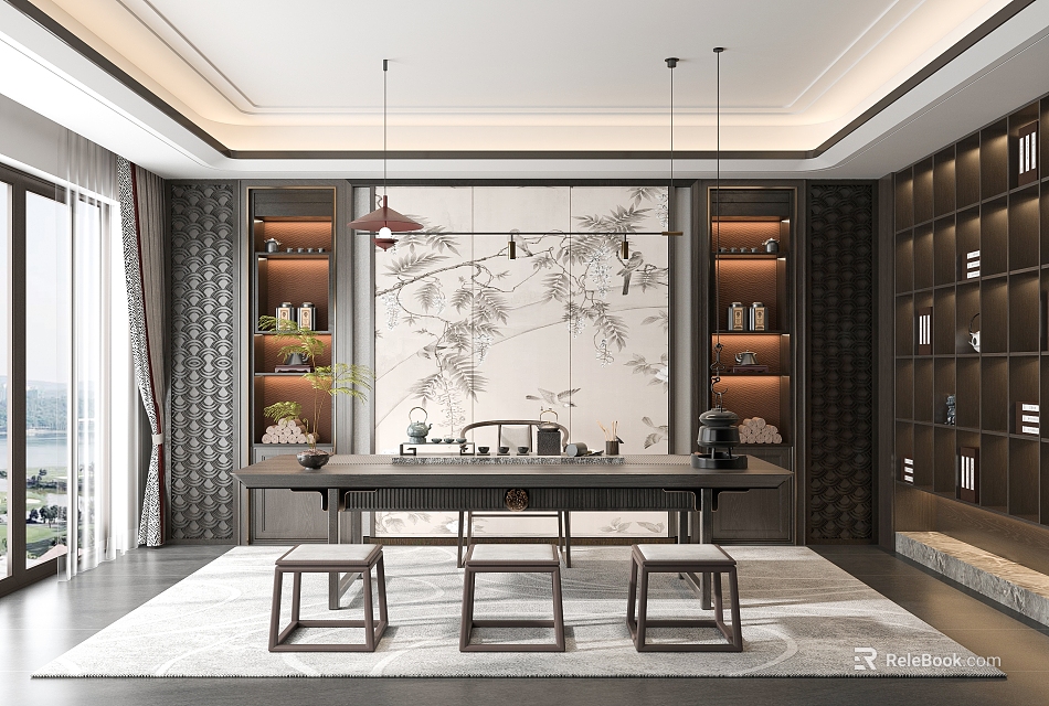 Traditional Chinese Tea Room Interior Featuring Wooden Tea Table Stools Decorative Painting And Hanging Lights 3d model 