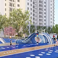 Kids Play Area With Blue Curved Slide Patterned Floor And Play Elements 3d model